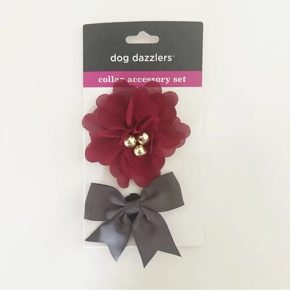 Bow and Arrow Dog Dazzlers Collar Bow Accessory Set Red Grey NWT